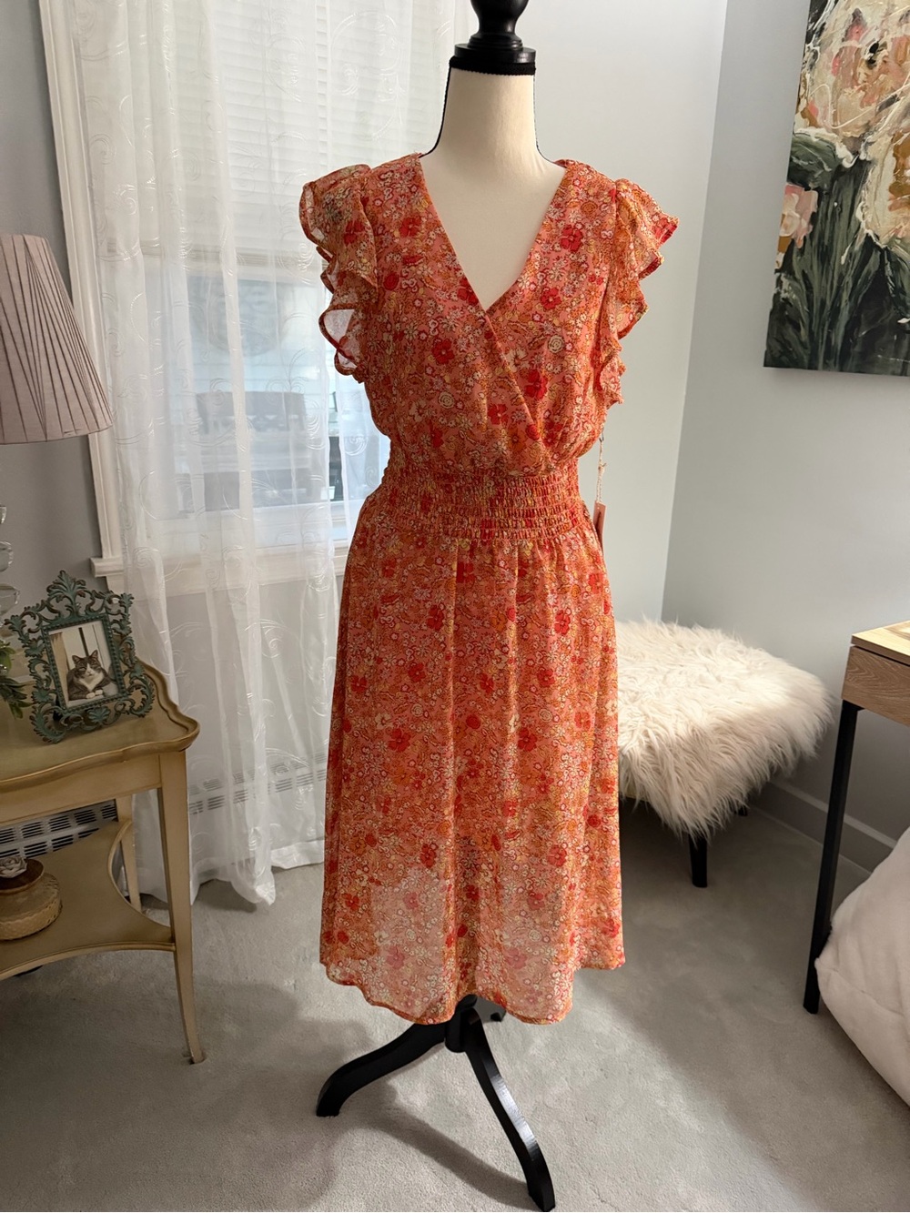 NWT- Jessica Simpson Orange Floral Wrap-Style Midi Dress